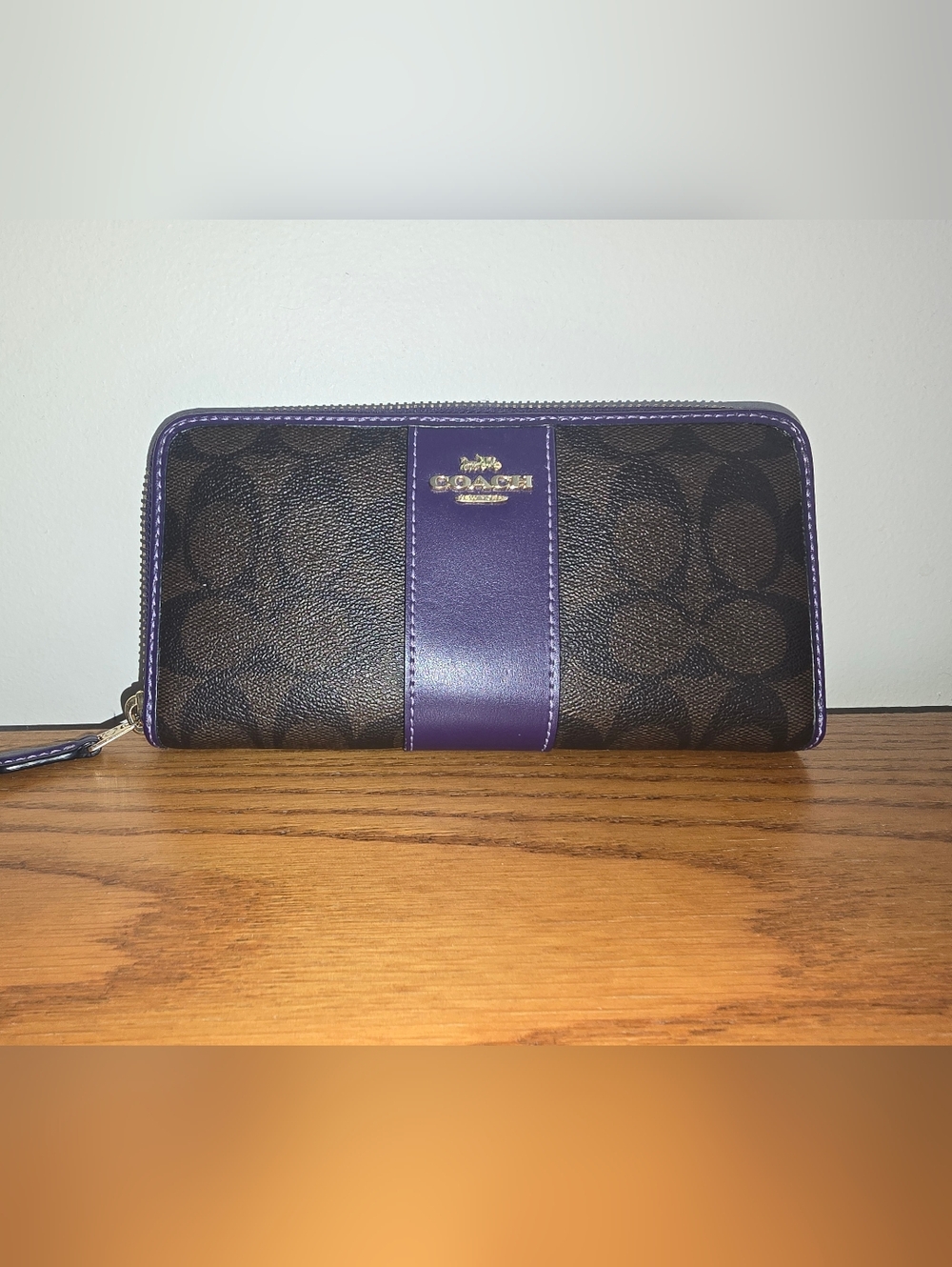 Authentic never used Coach Brown Signature Wallet with Purple Center Stripe